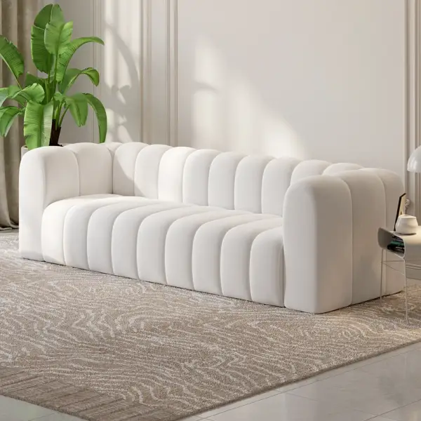 2230mm Modern White Velvet 3-Seater Sofa Channel Tufted Upholstered Luxury Solid Wood - Image 3