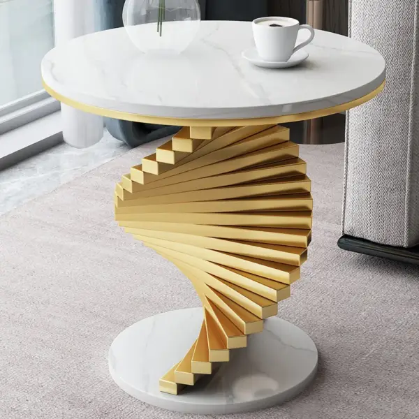 Modern White Round Metal Side Table with Faux Marble Tabletop End Table - Image 2