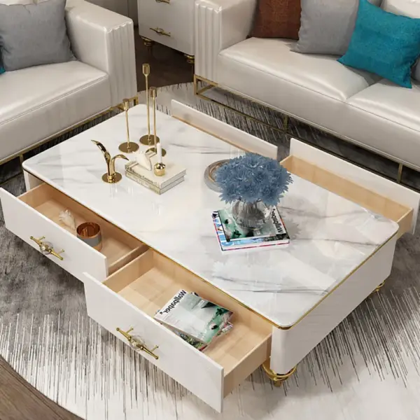 Chift 1300mm Modern Marble White Coffee Table & Storage Drawers Gold Stainless Steel Leg - Image 4