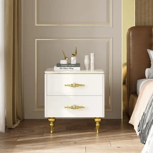 Chift Small Marble Top End Table Modern White Side Table with 2 Drawers Nightstand - Image 2