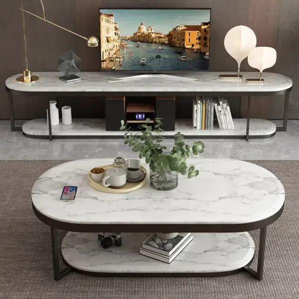 2-Tiered Modern Marble Coffee Table Black & White with Shelf Metal Frame - Image 2