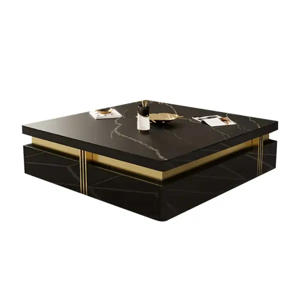 Trimied 1100mm Modern Black Square Storage Coffee Table Stone Top & 4 Wood Drawers - Image 15