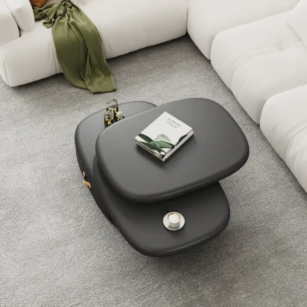 3-Tiered Modern Oval Black Pebbles Rotating Coffee Table with Storage - Image 6