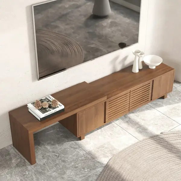 Japandi Walnut Retracted & Extendable TV Stand with 4 Shelves Up to 2159mm - Image 3