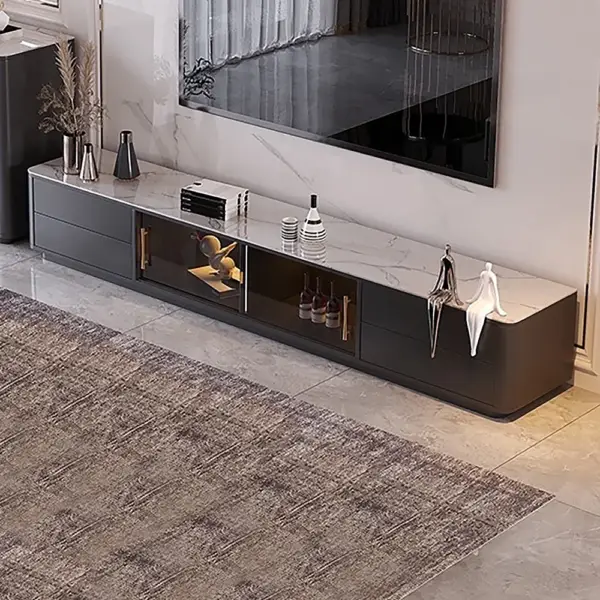 Modern Dark Grey TV Stand Stone Top 4-Drawer Glass Doors Media Console in Large - Image 2