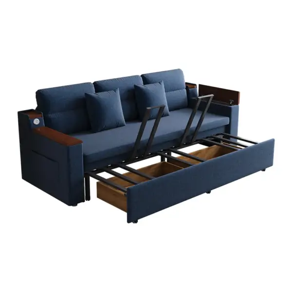 2100mm Blue Full Sleeper Sofa Linen Convertible Sofa Bed with Storage & Side Pockets - Image 10