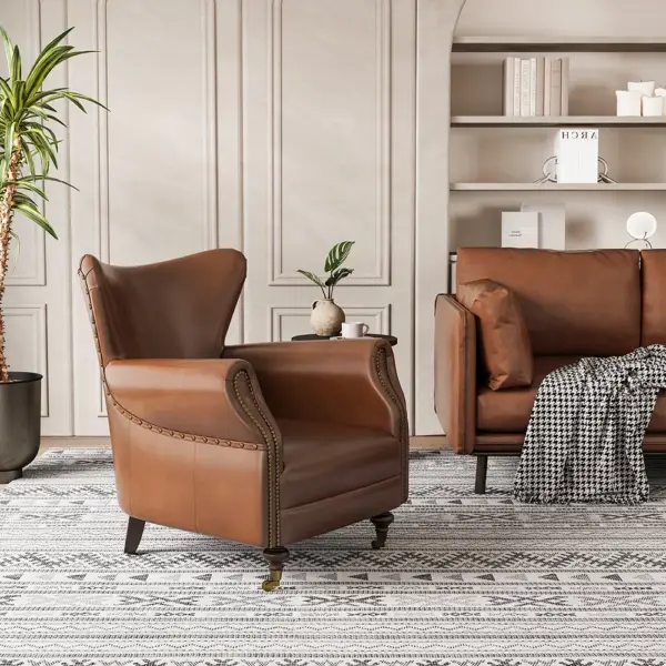 Midcentury Modern Brown Accent Chair Upholstered in Waxy Leather Solid Wood Frame - Image 2