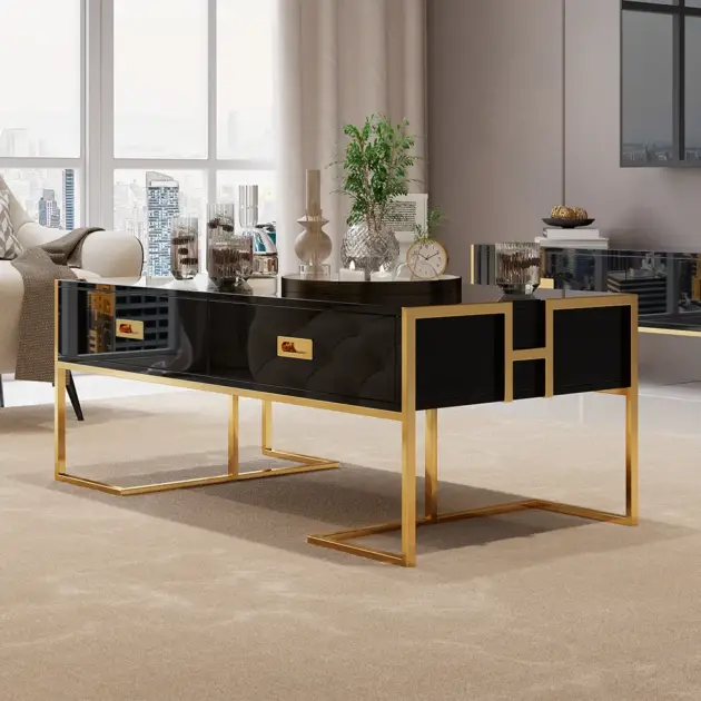 Jocise Contemporary Black Rectangular Coffee Table with Drawers Lacquer Gold Base