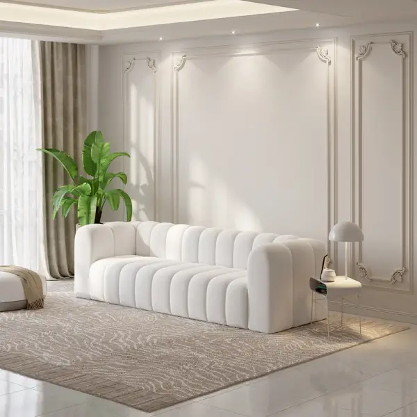 2230mm Modern White Velvet 3-Seater Sofa Channel Tufted Upholstered Luxury Solid Wood