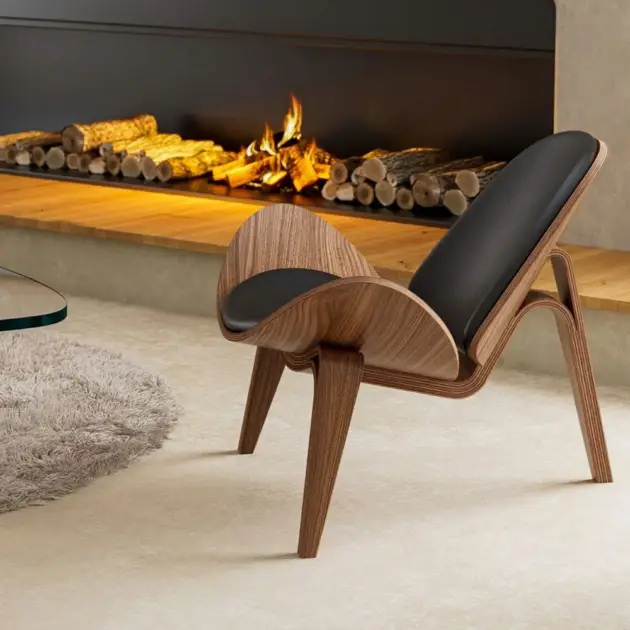 Modern Tripod Black Leather Shell Lounge Chair with Single Side in Walnut