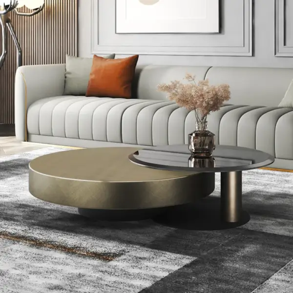 Modern Gold & Black 2-Piece Round Nesting Coffee Table Set with Tempered Glass Top - Image 2