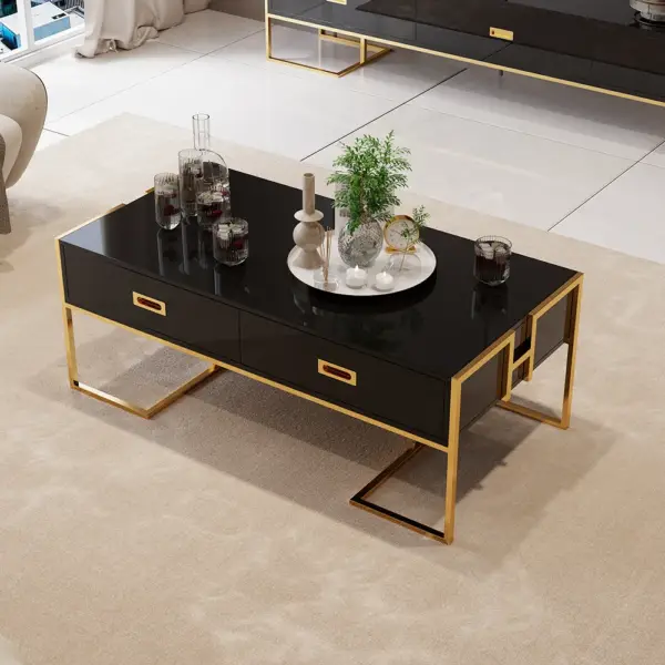 Jocise Contemporary Black Rectangular Coffee Table with Drawers Lacquer Gold Base - Image 6