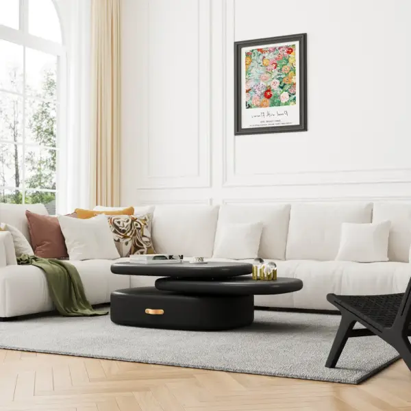 3-Tiered Modern Oval Black Pebbles Rotating Coffee Table with Storage - Image 3