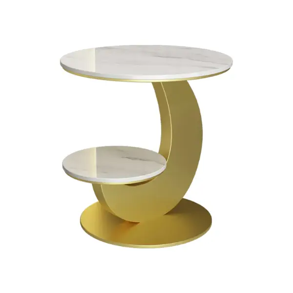 White & Gold Faux Marble Side Table 2 Tier Round End Table Modern Simplicity Living Room - Image 2