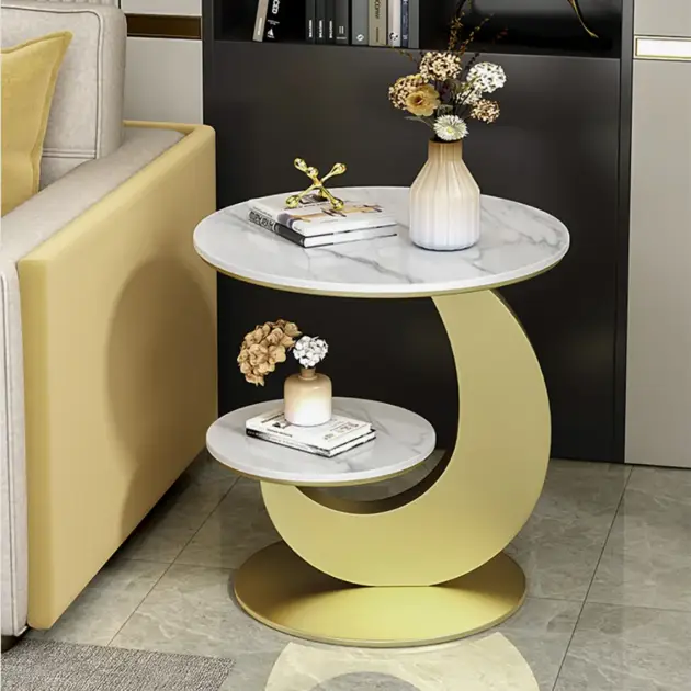 White & Gold Faux Marble Side Table 2 Tier Round End Table Modern Simplicity Living Room
