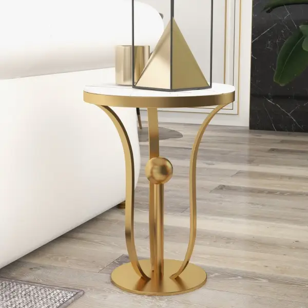450mm White Round End Table Modern Side Table with Stream-Lined Metal Pedestal - Image 3
