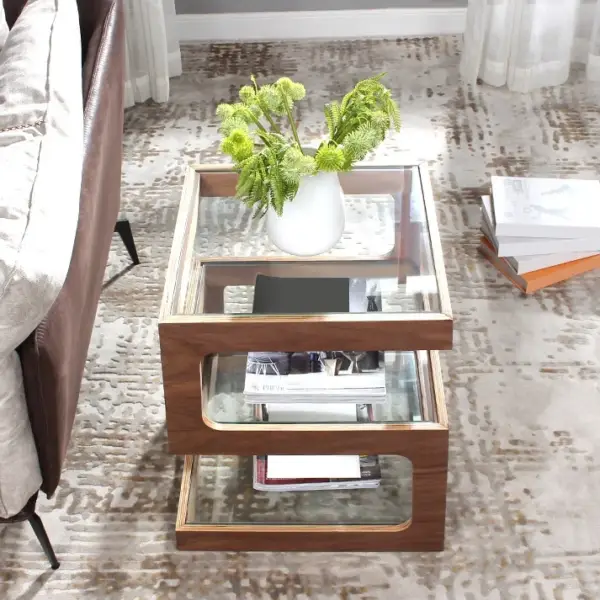 Modern Glass Side Table with 3 Tiers S-shaped End Table in Walnut - Image 2