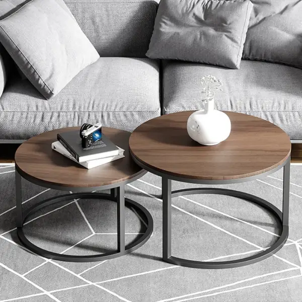 Fero 2 Pieces Modern Walnut & Black Round Nesting Coffee Table for Living Room - Image 6