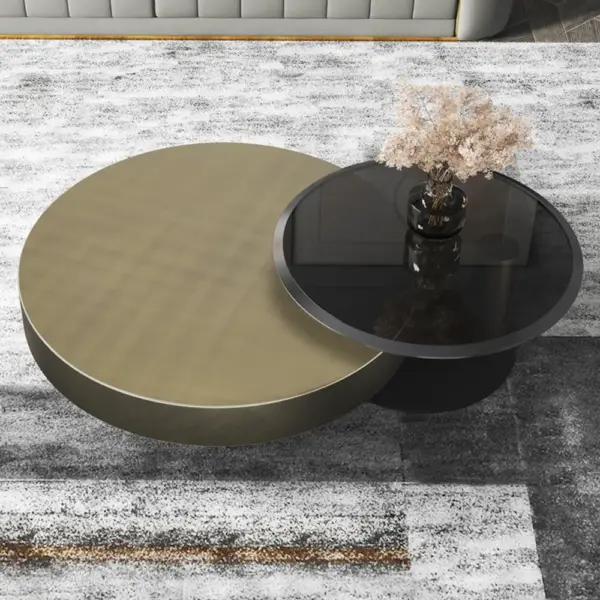 Modern Gold & Black 2-Piece Round Nesting Coffee Table Set with Tempered Glass Top - Image 4