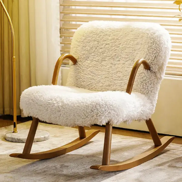 White Boucle Upholstery Rocking Chair Solid Wood Accent Chair in Walnut - Image 2