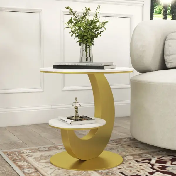 White & Gold Faux Marble Side Table 2 Tier Round End Table Modern Simplicity Living Room - Image 5
