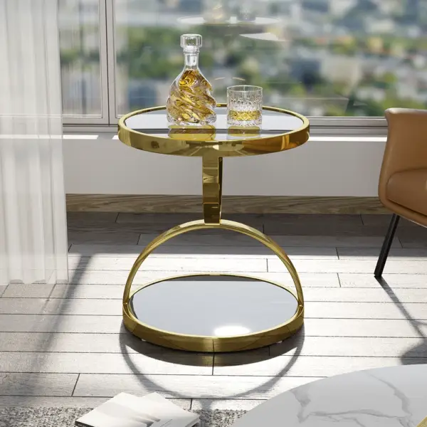 Black Round Side Table Tempered Glass with Storage End Table in Gold - Image 6