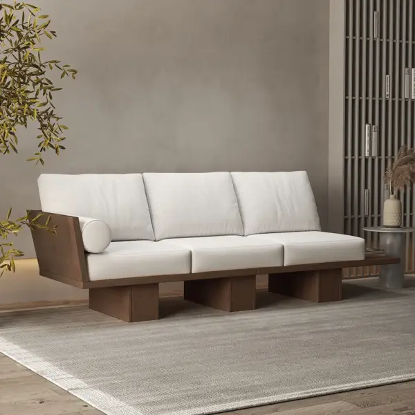 2460mm Walnut Japandi Solid Wood Living Room Sofa 3-Seater Cotton & Linen Upholstery - Image 3