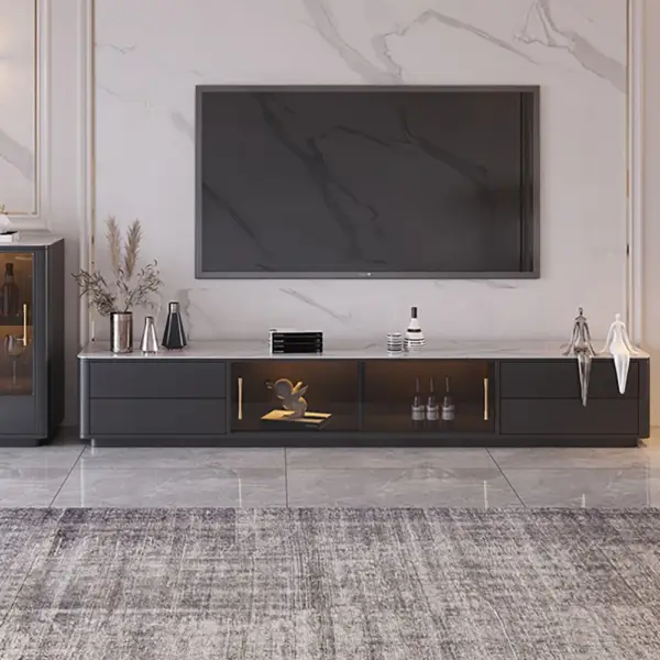 Modern Dark Grey TV Stand Stone Top 4-Drawer Glass Doors Media Console in Large - Image 3