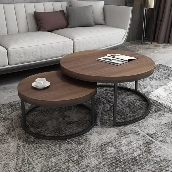 Fero 2 Pieces Modern Walnut & Black Round Nesting Coffee Table for Living Room - Image 5
