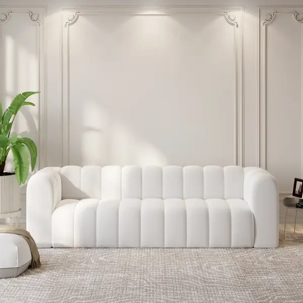 2230mm Modern White Velvet 3-Seater Sofa Channel Tufted Upholstered Luxury Solid Wood - Image 4