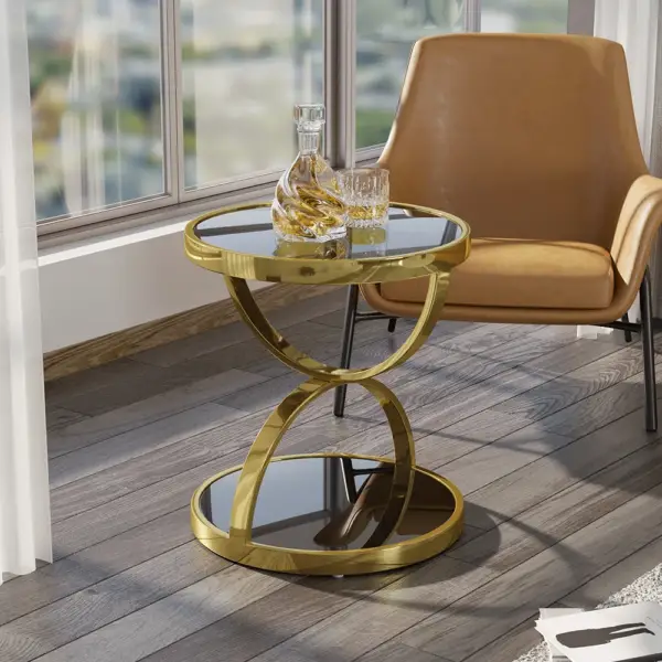Black Round Side Table Tempered Glass with Storage End Table in Gold - Image 5