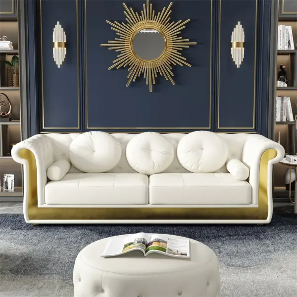 Dodiy 2200mm Modern Upholstered Tufted Leather 3-Seater Sofa with 5 Pillows White - Image 2