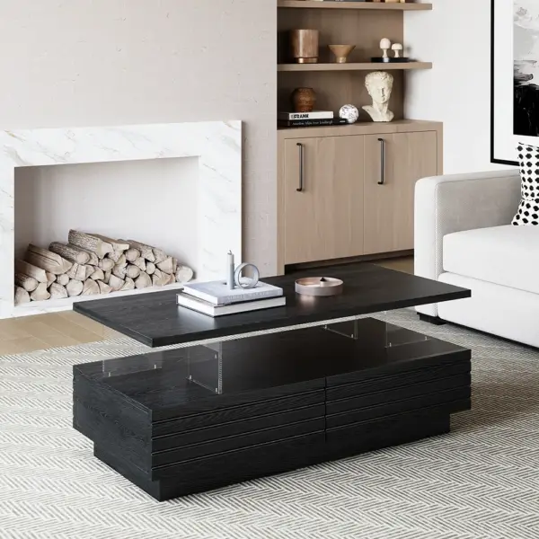 1200mm Modern Black Rectangular Acrylic LED Lights Coffee Table with Storage - Image 2
