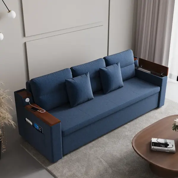 2100mm Blue Full Sleeper Sofa Linen Convertible Sofa Bed with Storage & Side Pockets - Image 2
