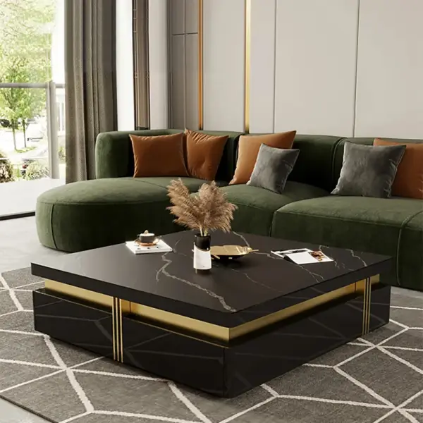Trimied 1100mm Modern Black Square Storage Coffee Table Stone Top & 4 Wood Drawers - Image 4