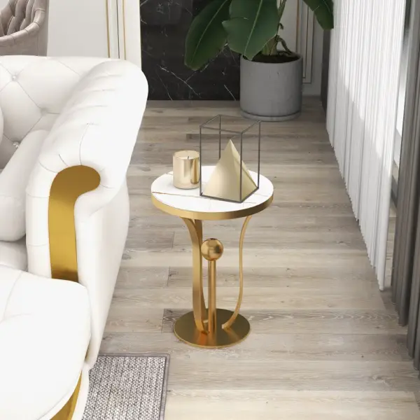 450mm White Round End Table Modern Side Table with Stream-Lined Metal Pedestal - Image 4
