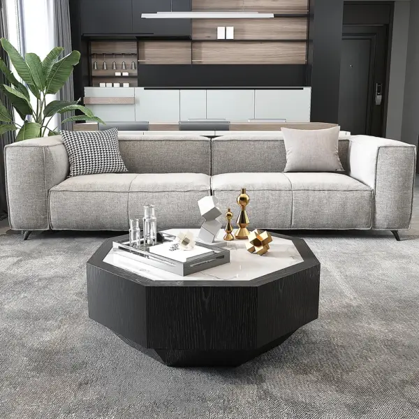 Wood Octagonal Coffee Table Rotating in Black with 2 Drawers Sintered Stone Top - Image 3