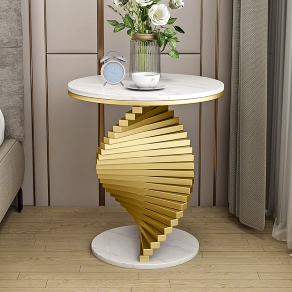 Modern White Round Metal Side Table with Faux Marble Tabletop End Table - Image 6