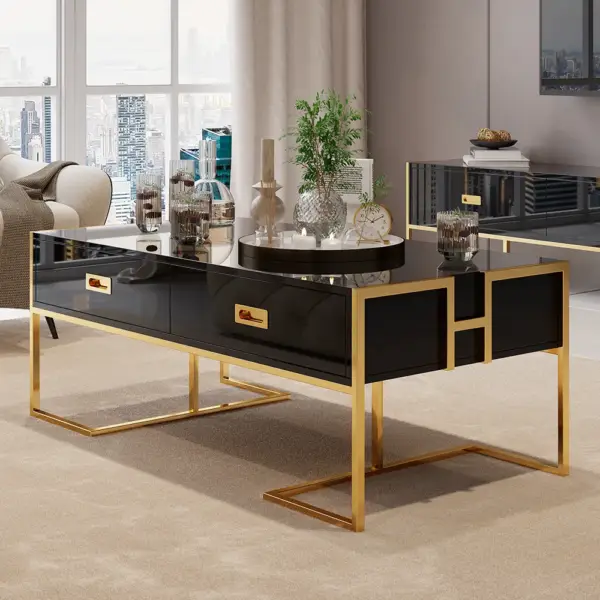 Jocise Contemporary Black Rectangular Coffee Table with Drawers Lacquer Gold Base - Image 7