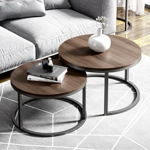 Fero 2 Pieces Modern Walnut & Black Round Nesting Coffee Table for Living Room - Image 8