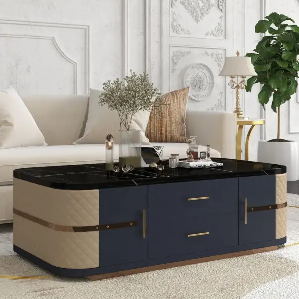 Modern Marble Coffee Table with Storage in Black - Image 3