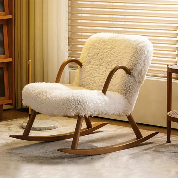 White Boucle Upholstery Rocking Chair Solid Wood Accent Chair in Walnut - Image 3