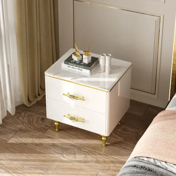Chift Small Marble Top End Table Modern White Side Table with 2 Drawers Nightstand - Image 8