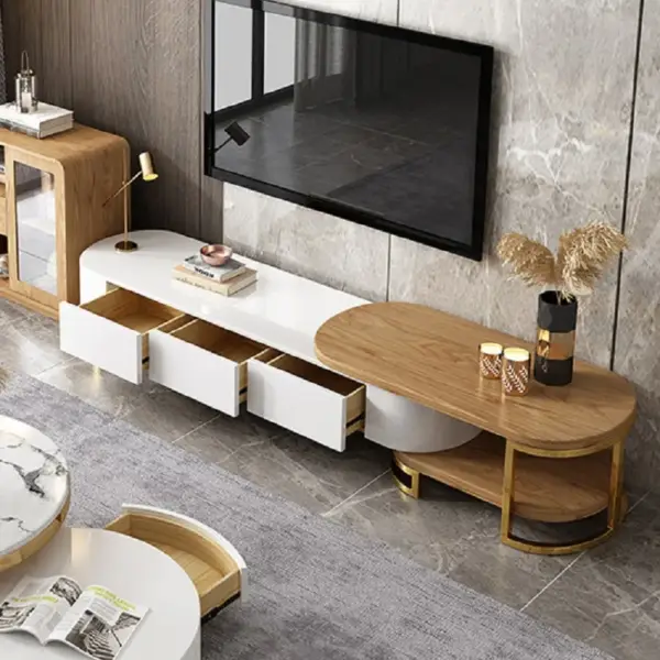 Nesnesis Modern Extending TV Stand with Storage Oval White & Natural Media Console - Image 2