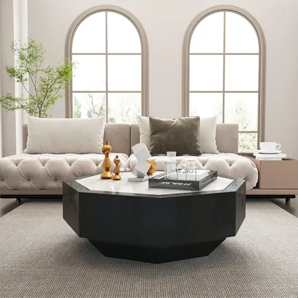 Wood Octagonal Coffee Table Rotating in Black with 2 Drawers Sintered Stone Top - Image 4