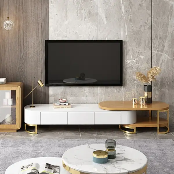 Nesnesis Modern Extending TV Stand with Storage Oval White & Natural Media Console - Image 4