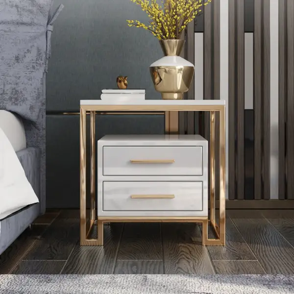 White Side Table with Two-Drawer End Table Stainless Steel in Gold - Image 4