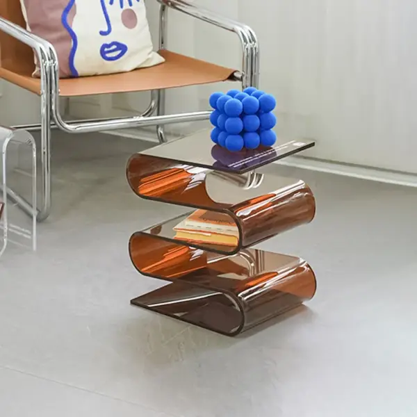 Acrylic End Table Tea Brown with Storage Wavy Shape Side Table - Image 2