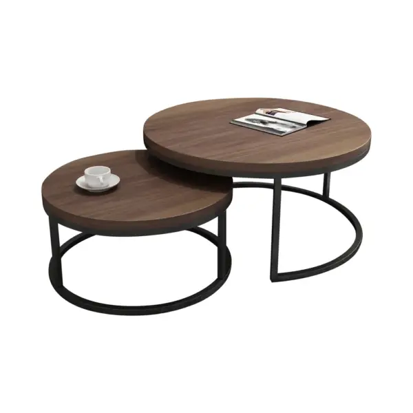 Fero 2 Pieces Modern Walnut & Black Round Nesting Coffee Table for Living Room - Image 9