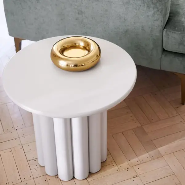 Yarnic Japandi White Fluted Side Table Round Wood End Table with Unique Design - Image 8